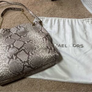 Michael Kors Neutral Snake-Print Shoulder Bag with Gold Chain